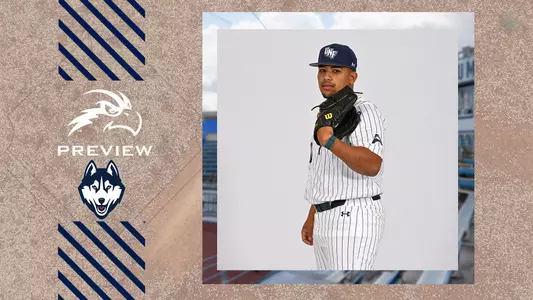 North Florida baseball preview for series against UConn with a picture of Jason Gonzalez next to a dirt layered background