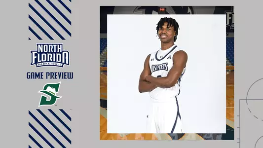 men's basketball preview graphic at Stetson with a picture of Emmanuel and stetson loog