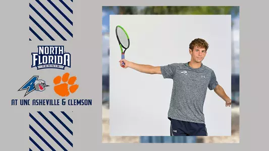 men's tennis preview graphic for unc asheville and clemson matches with an action shot of jonas hartenstein