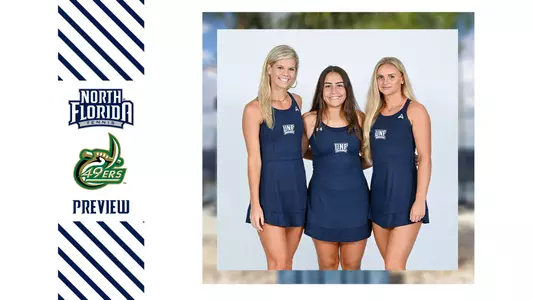 unf women's tennis preview graphic with a picture of three women's tennis student-athletes and a white background