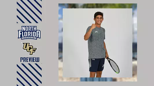 men's tennis preview graphic with a picture of breno marques with logos