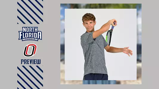 men's tennis preview vs. omaha graphic with jonas hartenstein hitting a forehand