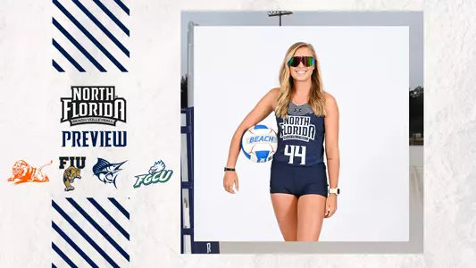 UNF beach volleyball preview graphic with a picture of anna mallory next to logos of the teams UNF is competing against