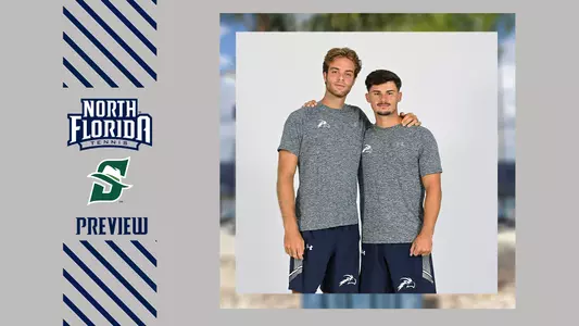 unf men's tennis preview with stetson logo, gray background and photo of nilo and joe