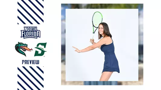 women's tennis preview graphic with a picture of isabel and logos of uab and stetson