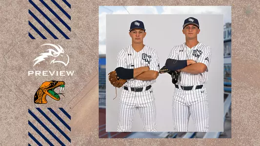 UNF baseball preview graphic with north florida and famu logos