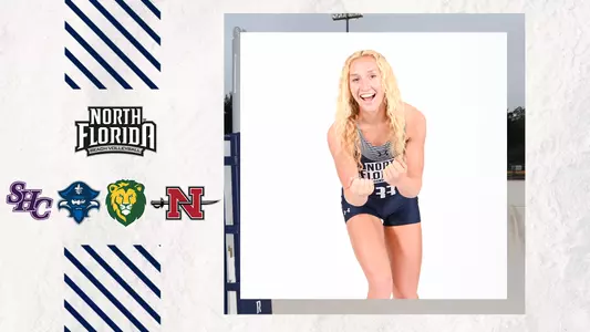 North Florida beach volleyball preview graphic with a picture of Hayden Wooldridge andlogos