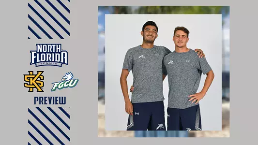 unf men's tennis preview graphic with dominik barton and jorge nunez over a gray background
