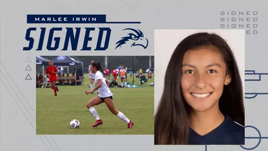 Marlee Irwing NLI graphic with a picture of her dribbling the ball, a headshot and a gray background