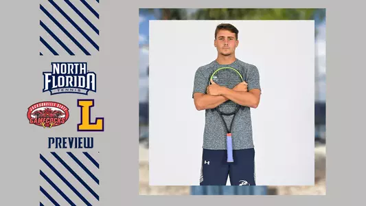 men's tennis preview graphic with logos and picture of dominik barton
