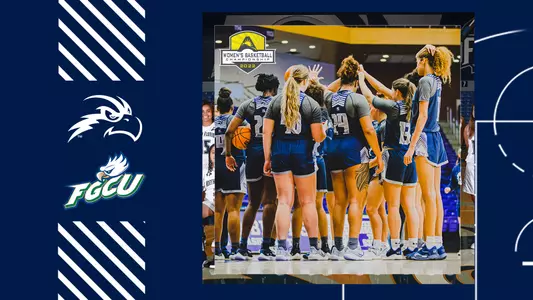 unf women's basketball preview graphic with a blue background and unf and fgcu logos next to a team huddle picture.