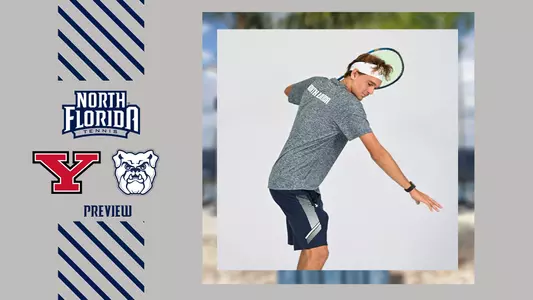 men's tennis preview graphic with PJ Kotan hitting a forehand next to logos of YSU and Butler