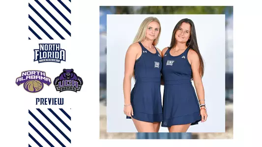 UNF women's tennis preview graphic with pictures of sean and summer