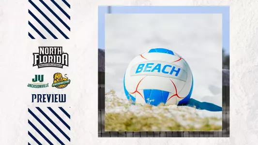 beach volleyball preview graphic with a picture of a ball and logos
