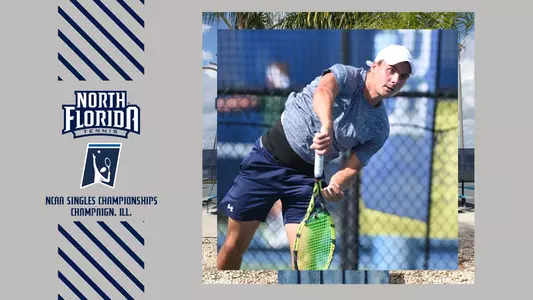 preview graphic for dominik barton competing in the ncaa singles championships with a picture of him serving the ball with a gray background and blue text