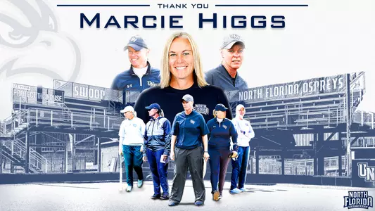 Thank you marcie higgs graphic with text stating that over a gray background with the UNF softball complex in the background and picture of Marcie