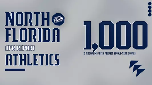 21-22 North Florida Athletics APR report graphic with a gray background and north florida athletics APR report as text with a shape and a North Florida Athletics logo on it. Right to that is a "1,000" stating 15 programs with perfect single-year scores
