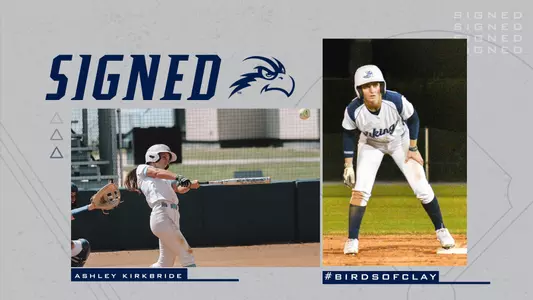 Ashley Kirkbride signing graphic with two action shots of her over a gray background with blue text.
