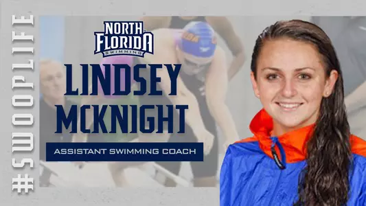 Lindsey McKnight hiring graphic with her headshot and the unf swimming logo and text stating her name over a blurred out graphic
