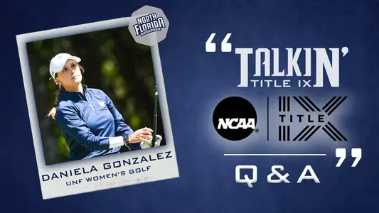 Daniela Gonzalez talking title IX Q&A graphic with a picture of her swinging her golf club over a blue background with text