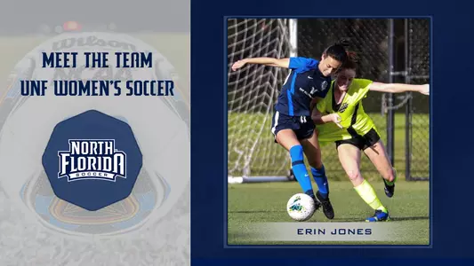 Erin Jones meet the team graphic with a picture of her dribbling with a blue background and text