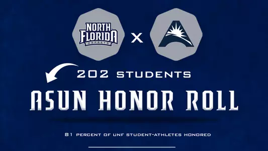 UNF and ASUN Honor Roll graphic with a blue background with North Florida Ospreys logo and ASUN logo with 202 students and asun honor roll text