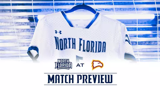 North florida women's soccer preview graphic with winthrop next to North Florida soccer logo over a background