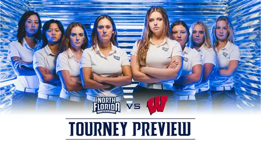 north florida women's golf preview graphic with the team photo