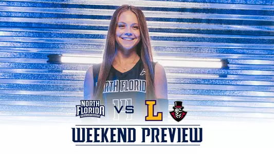 volleyball preview graphic with a picture of maymie behind a logo of Lipscomb and Austin Peay