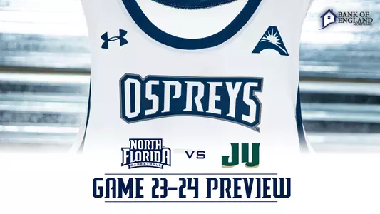 Men's basketball preview graphic with a UNF and jU logo over a jersey