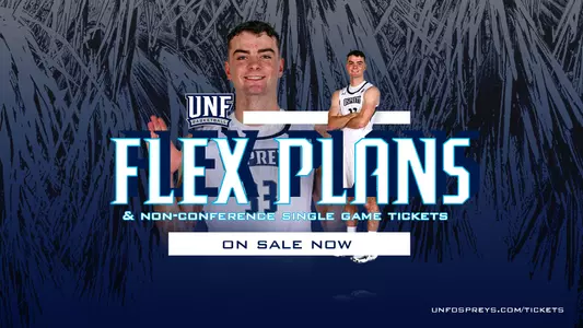 non-conference single game tickets graphic with oscar berry on it. There are two pictures of him standing with a blue background in the background and text at the bottom stating unfospreys.com/tickets