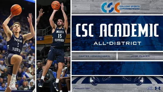 College Sports Communicators logo over a unf graphic with pictures of jose and carter