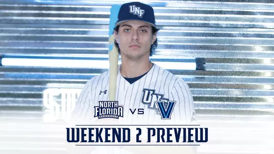 UNF baseball preview graphic with a picture of gabriel esquivel and villanova and unf logo