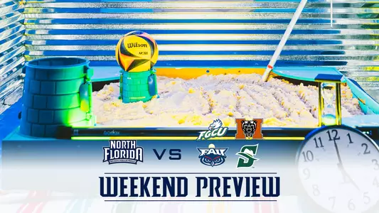 UNF BEACH VOLLEYBALL PREVIEW GRAPHIC with fgcu, fau, mercer and stetson logos