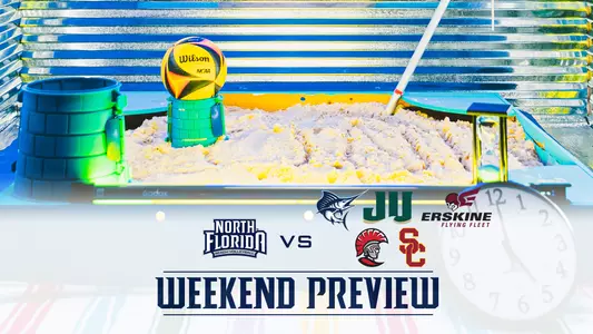 beach volleyball preview graphic for the surf and turf invite with logos of palm beach atlantic, ju, erskine, tampa and usc