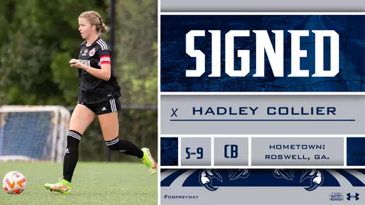 Hadley Collier signing graphic with a picture of her next to text over a blue and gray background