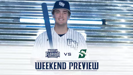 Baseball weekend preview graphic with a picture of finn howell and a stetson logo