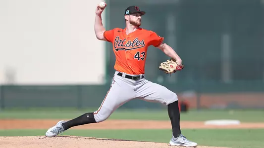 Bryan Baker throwing a pitch in a spring training game