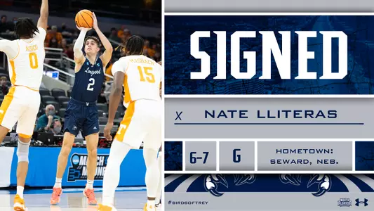 Nate Lliteras shooting a jump shot against Tennessee with text stating his name and position