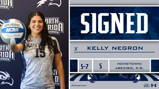 Kelly Negron signing graphic with a pic of her holding the ball out next to text