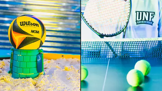 driving directions post with a photo of a ball and tennis balls on a ping pong table