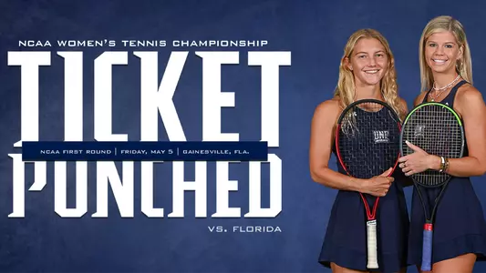 NCAA Championship First Round Graphic for UNF Women's Tennis 2023 with pictures of Annabelle Davis and Kendall Nash