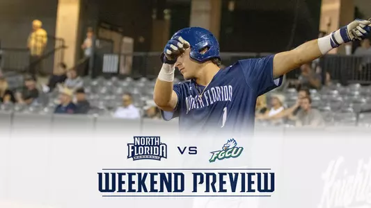 Baseball weekend preview graphic with a picture of Alex Lodise swinging