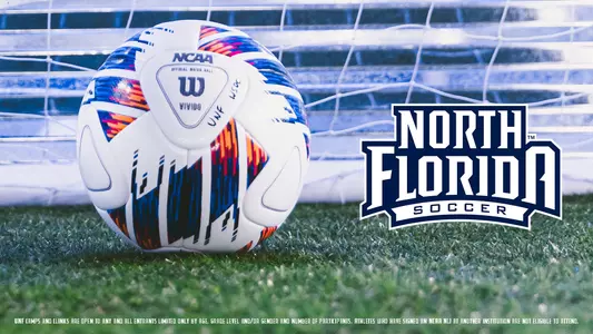 UNF women's soccer photo with a picture of a soccer ball and unf logo next to a goal