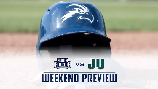 UNF baseball preview story graphic with a JU logo over a helmet and a white overlay