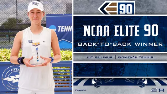 Kit Gulihur NCAA Elite 90 honoree with a picture of Kit standing with an award