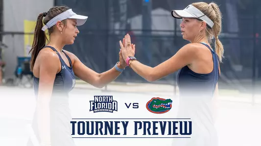 WOMEN'S TENNIS preview graphic vs. florida with kendall and isa high fiving over logos