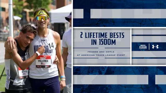 Two lifetime bests men's track and field graphic for mac franks and tim doyle as they celebrate their 1500m results
