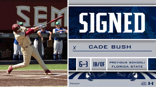 Cade Bush swinging at a pitch at Florida State on a graphic with text stating where he is from and the school