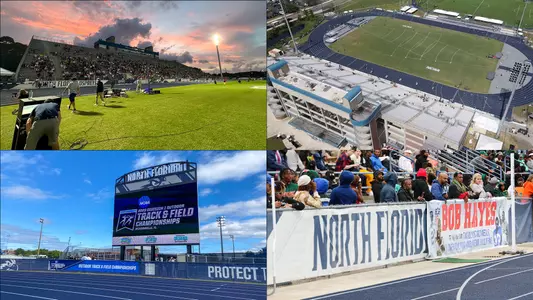 UNF Track and Field promotion with four photos of Hodges Stadium